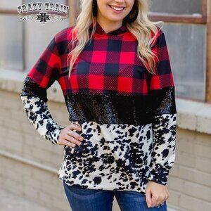 Crazy Train Whoa Buffalo sparkle cow print hoodie size small